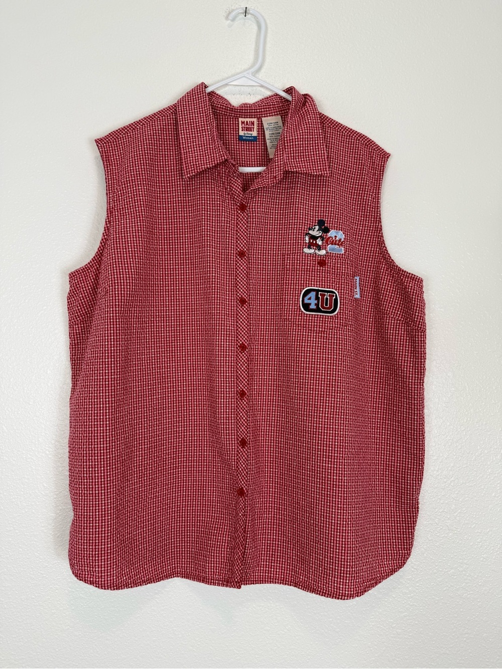 Disney Red Gingham Sleeveless Button-Down Shirt with Mickey Patch VTG
